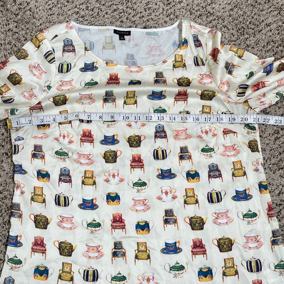 Talbots Popover Tea Cup Party Novelty Print Blouse L Cream Tea Pot Antique Chair - Picture 10 of 11